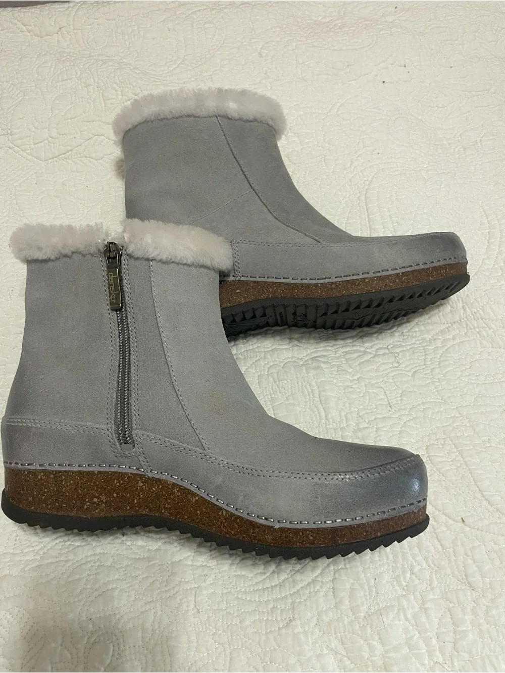 Dansko Gray Suede Ankle Boots with Shearling Collar -Size 38